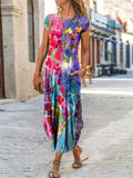 Round Neck Short Sleeve Pocket Floral All-Over Print Curved Hem Dress