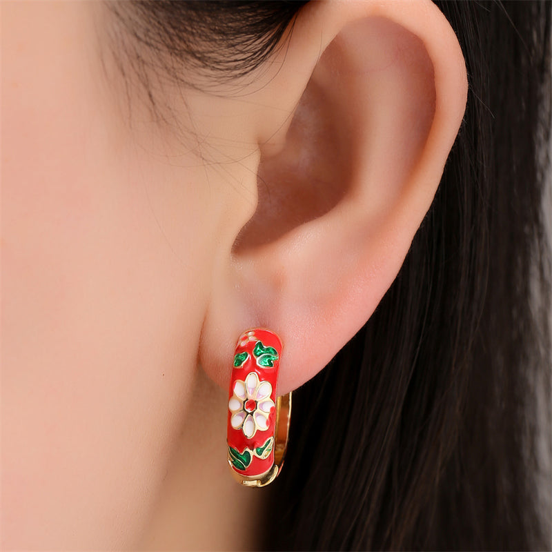 Vintage Enamel Flower Leaf Small Hoop Earrings