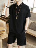 Lightweight Linen Two-Piece Outfit Wrap Neck T-Shirt + Elastic Waistband Knee-Length Pants