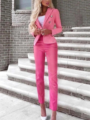 Women's Fashion Suit Button Up Blazer + Straight Leg Pants