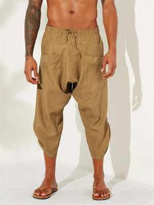 Men's Calf-Length Drawstring Linen Harem Pants