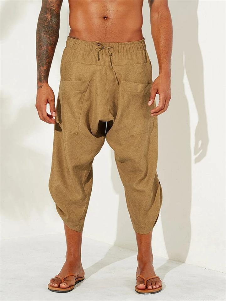 Men's Calf-Length Drawstring Linen Harem Pants