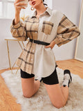 Women's Stylish Elegant Contrasting Plaid Buttons Up Lapel Coats