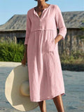 Women Cotton Linen Half Sleeve Midi Dress With Pockets