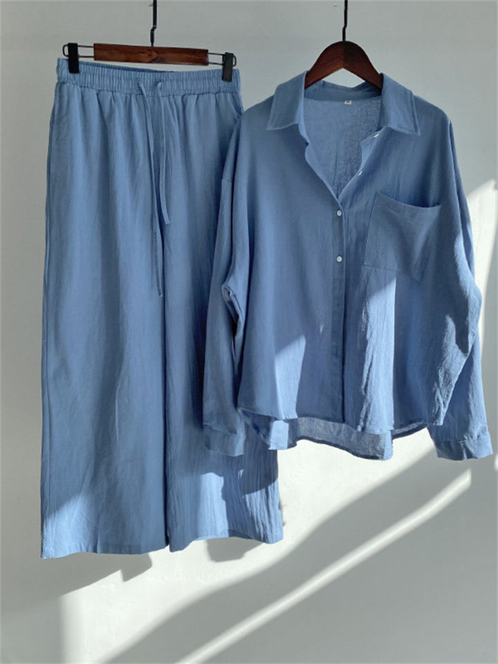 Retro Lapel Long Sleeve Shirts 2-Piece Sets