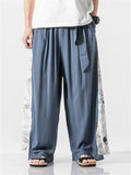 Linen Cotton Elastic Waistband Drawstring Pleated Detailing Crane Print Full Length Pants