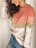 Trendy Striped Contrast Color Knit Pullover Round Neck Raglan Sleeve Sweater