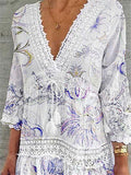 Fashionable Low V Neck Floral Printed Cutout Design 3/4 Sleeve Dress