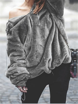 Ultra Warm Zip Up Solid Color Hooded Fur Coat