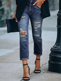 Casual Style Button Zip Fly Ripped Design Straight-Leg Washed-Effect Jeans