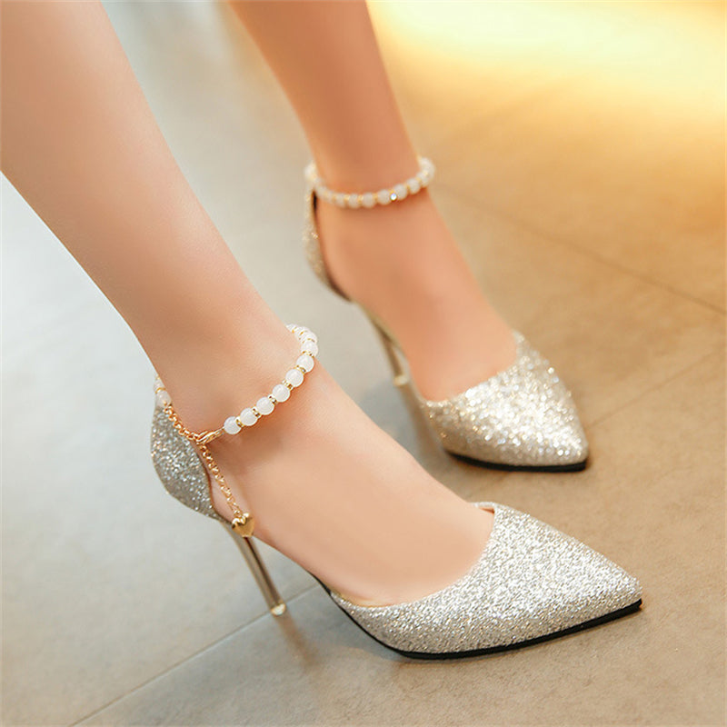 Female Metal White Pearl Chain Pointed Toe Shining Stiletto