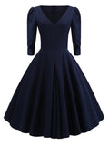 Navy Blue 1950S V Neck 3/4 Sleeve Swing Dress