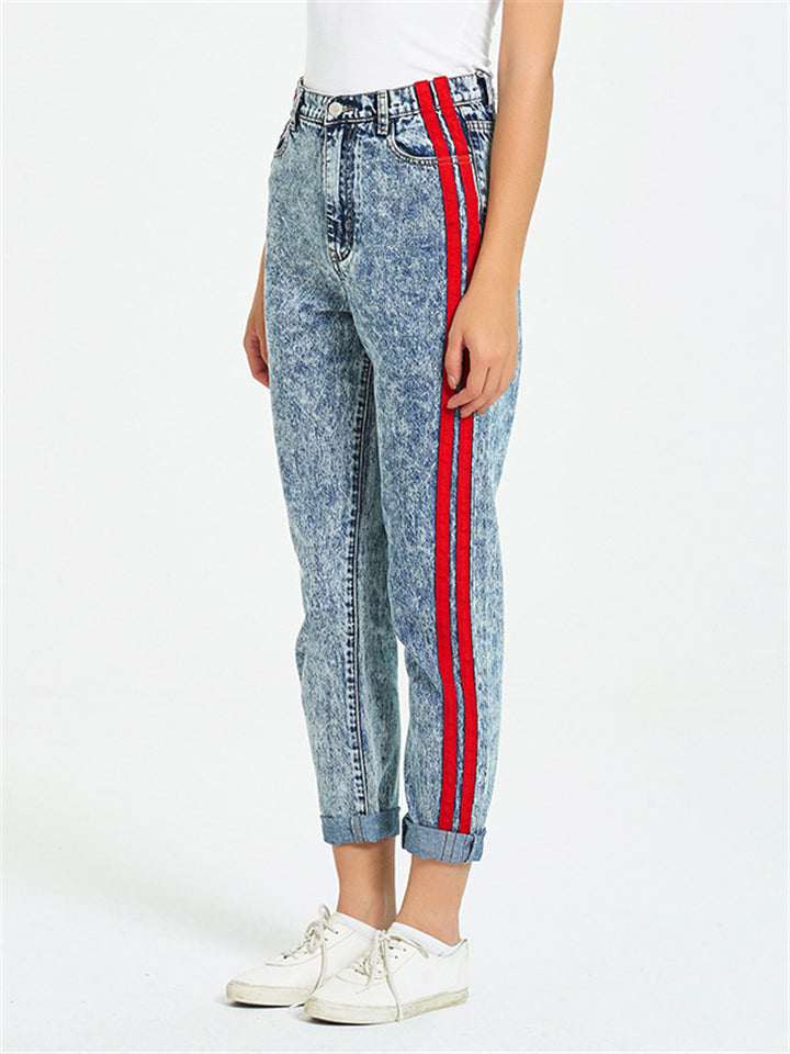Street Style Red Patchwork Washed Effect Light Blue Denim Pants for Women