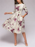Women’s Vintage Floral 3/4 Sleeve Round Neck A-line Midi Dress