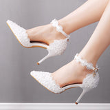 Women’s White Pearl Lace Floral Buckle High Heels Wedding Pumps