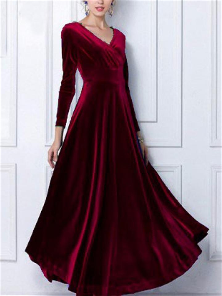 Elegant Velvet Wrap Neck Long Sleeve Maxi Dress for Evening