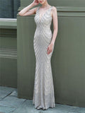 Shiny Sequin Mermaid Backless Formal Gowns