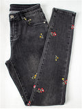 Lovely Small Floral Embroidery Slim Fit Black Denim Jeans for Women