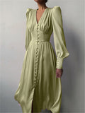 V-Neck Single Breasted High Waist Long Dress