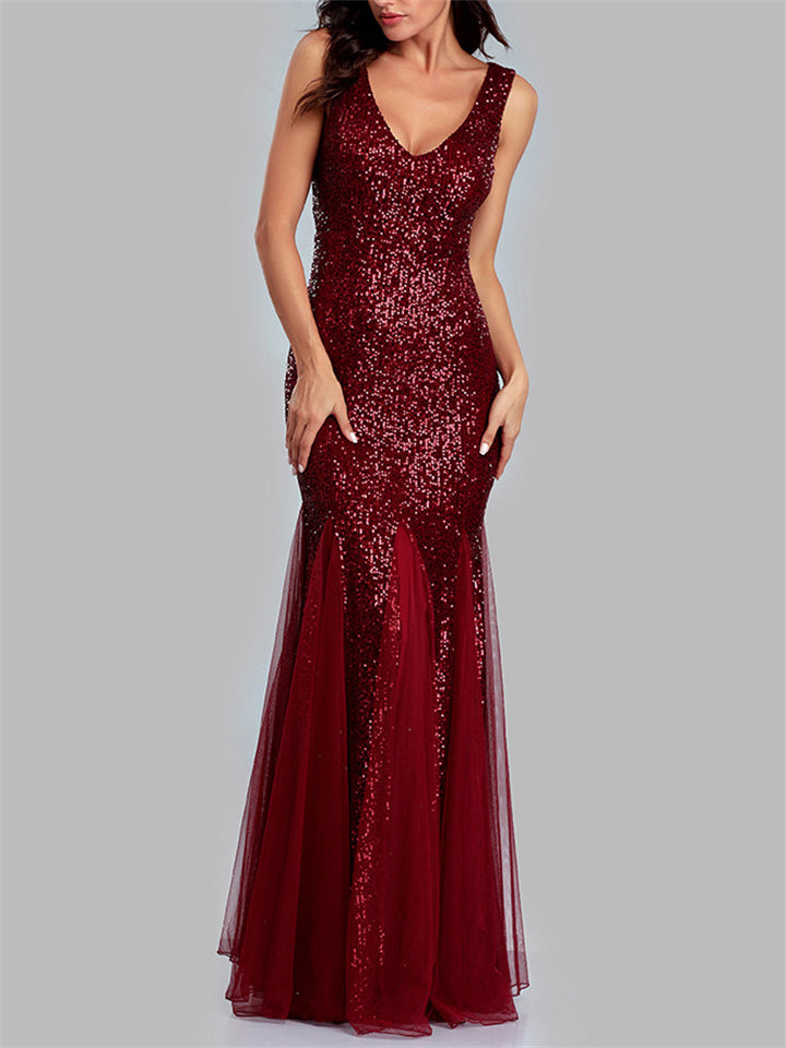 Gorgeous Sexy V Neck Sequined Evening Dresses For Women