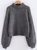 Trendy Round Neck Pearls Decorated Sweater