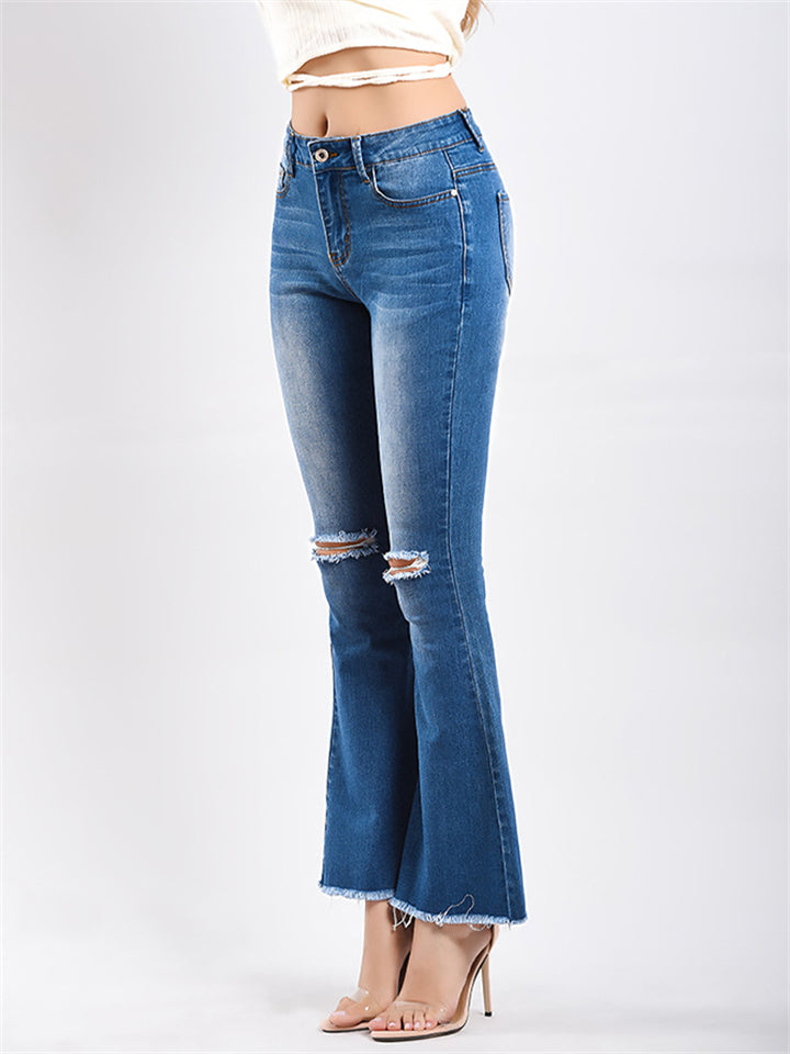 Summer Autumn Casual Style Women Ripped Bell Bottom Denim Jeans