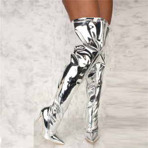 Silver Pointed Toe High Thin Heels Long Boots