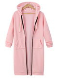 Comfortable Full Zipper Pocket Drawstring Hooded Midi Coat