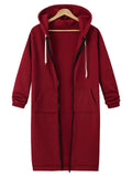 Comfortable Full Zipper Pocket Drawstring Hooded Midi Coat