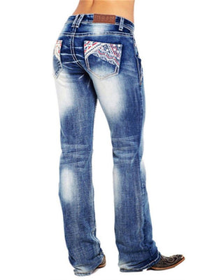 Stylish Embroidery Washed Effect Pocket Straight Leg Jeans