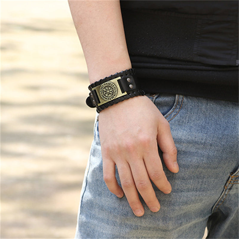 Unisex Retro Compass Viking Leather Strap Bracelet