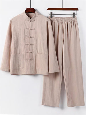 Retro Style Linen 2-Piece Outfit Button Collar Shirt + Full-Length Elastic Waistband Pants