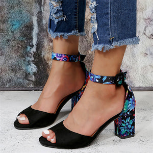 Women's Elegant Chunky High Heel Floral Sandals