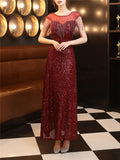 Elegant Sequined Illusion Neck Beaded Evening Gown