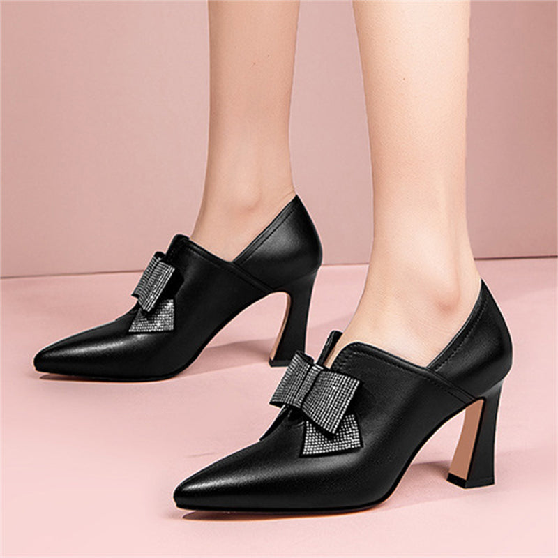 French Style Female Shiny Bowknot Pointed Toe High Heels Pumps