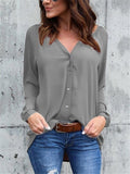 Relaxed Fit V Neck Solid Color Long Sleeve Button Up Chiffon Blouse