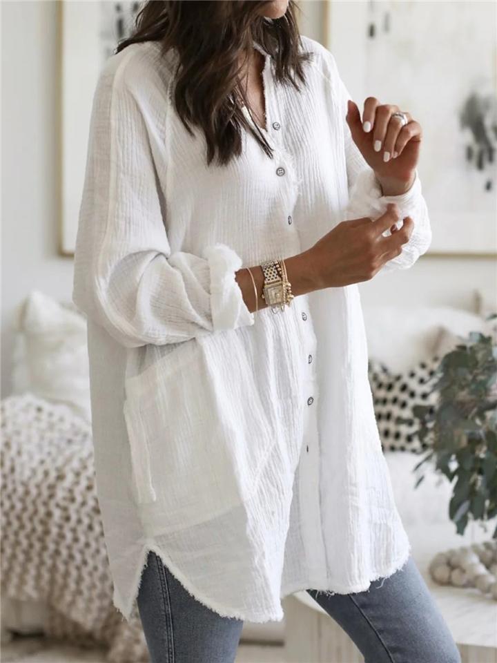 Baggy V Neck Solid Color Button Up Long Sleeve Midi Length Blouse