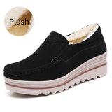 Fur Lining Genuine Leather Thick Sole Wedge Heel Loafers