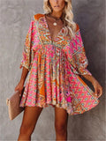 Sexy Pretty Low V Neck Floral Printed 3/4 Sleeve Pleated Dress