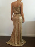 Women's Sequined High Slit Wrap Gold Dress for Evening