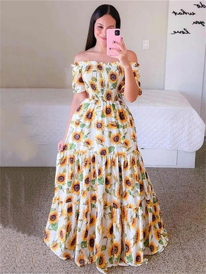 Elegant Lady Sweet Floral Print One Shoulder Long Dresses