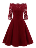 Elegant Off Shoulder Floral Lace 3/4 Sleeve High Waist Flare Dress