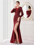 Graceful Long Sleeve Solid Color Sequins Fishtail Split Evening Dresses