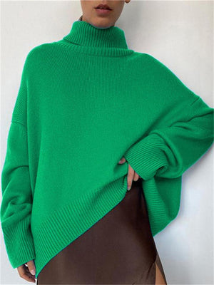 Casual Loose Turtleneck Knitted Solid Color Sweaters For Women