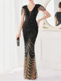 Graceful Patchwork Design Sexy Slim Contrast Color Sequins Evening Dresses