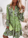 Printed Long Sleeve Patchwork Design Dresses