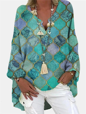 Loose Fit Notched V Neck Floral Printed Long Sleeve Pullover Tops