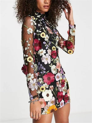 Women's Flower Embroidery Bodycon Sexy Mini Dresses