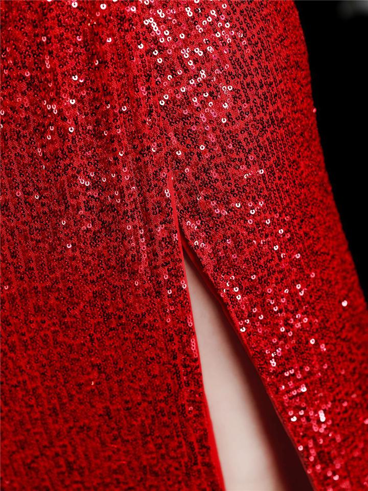 Flattering Sequined Wrap Neck Side Slit Mermaid Dress for Evening Party