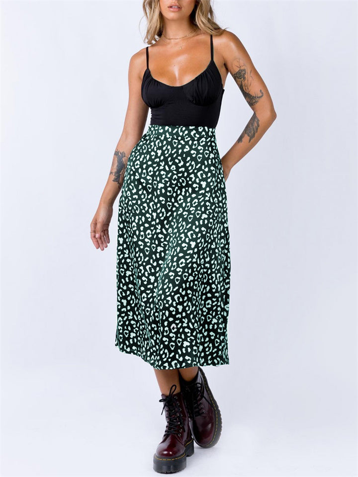 Stylish Elegant Leopard Printed High Waist Zipper Slit Hem Skirts